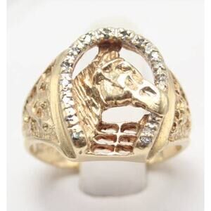 14K Yellow Gold Mens Ring with Horseshoe Design and Diamond Chips  Size 7